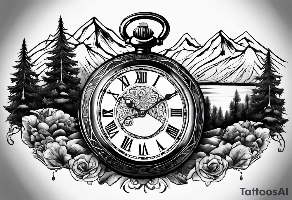 Pocket watch with mountains tattoo idea