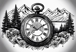 Pocket watch with mountains tattoo idea
