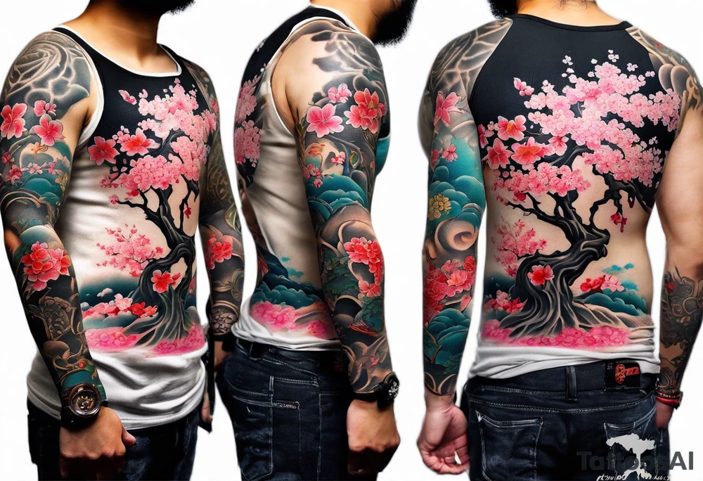 Japanese tattoo sleeve with a sakura tree. I already have a tattoo in my forearm and want to cocer it with the sakura trunk tattoo idea