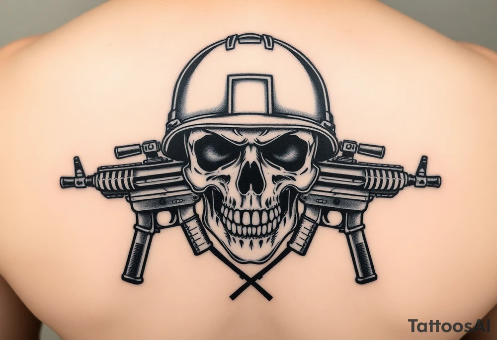 Skull wearing a military helmet, crossed assault rifles behind it. tattoo idea