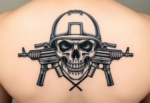 Skull wearing a military helmet, crossed assault rifles behind it. tattoo idea