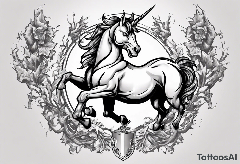 Coat of arms with a thick, tough looking unicorn. tattoo idea