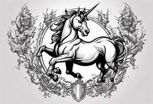 Coat of arms with a thick, tough looking unicorn. tattoo idea