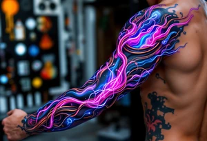 A  vivid design featuring copper tubes and violet plasma lines integrated into the skin’s anatomy. tattoo idea