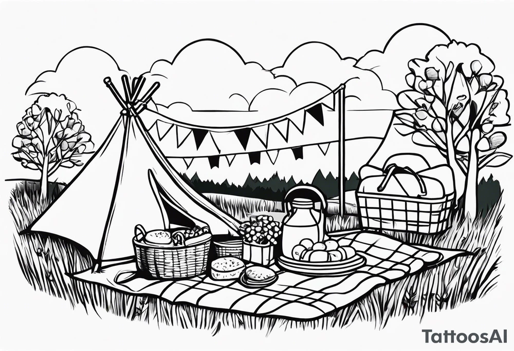 picnic scene on a meadow, with a sheckers blanket, basket, pillows and party pennants. tattoo idea