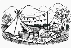 picnic scene on a meadow, with a sheckers blanket, basket, pillows and party pennants. tattoo idea