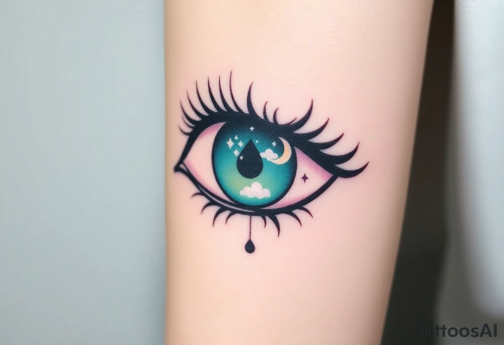 Large outline of an eye shaped like an almond with eye colored greenish blue with long pretty black eyelashes + spade eyeball  + a crescent moon stars and clouds inside of the eyeball only + using vivid colors like blue green purple light blue light green light purple tattoo idea