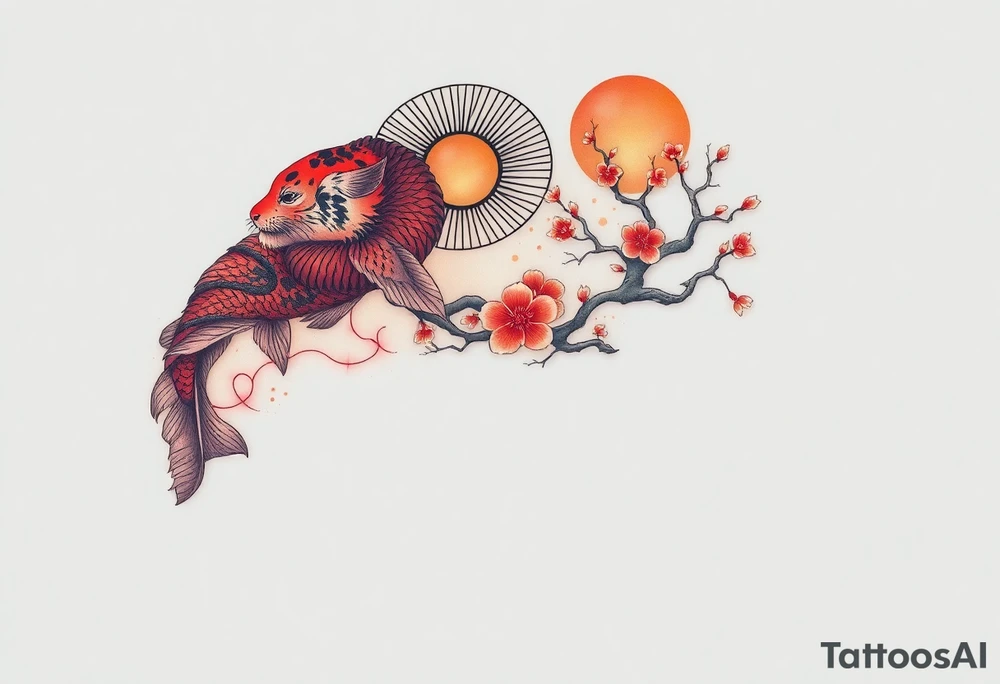 Beautiful full sleeve with a koi fish, tiger, sun, and cherry blossom tree tattoo idea