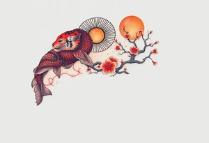 Beautiful full sleeve with a koi fish, tiger, sun, and cherry blossom tree tattoo idea