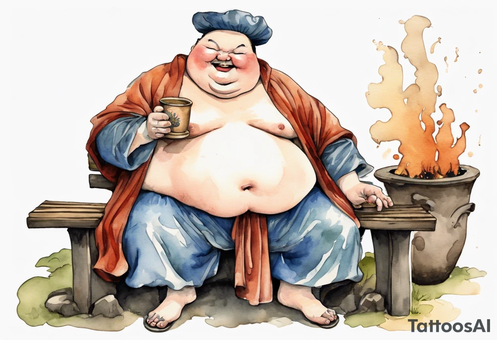 fat man with a mushroom for a head wearing a medieval tunic sitting on a bench by a fireplace drinking from a wood cup, laughing tattoo idea