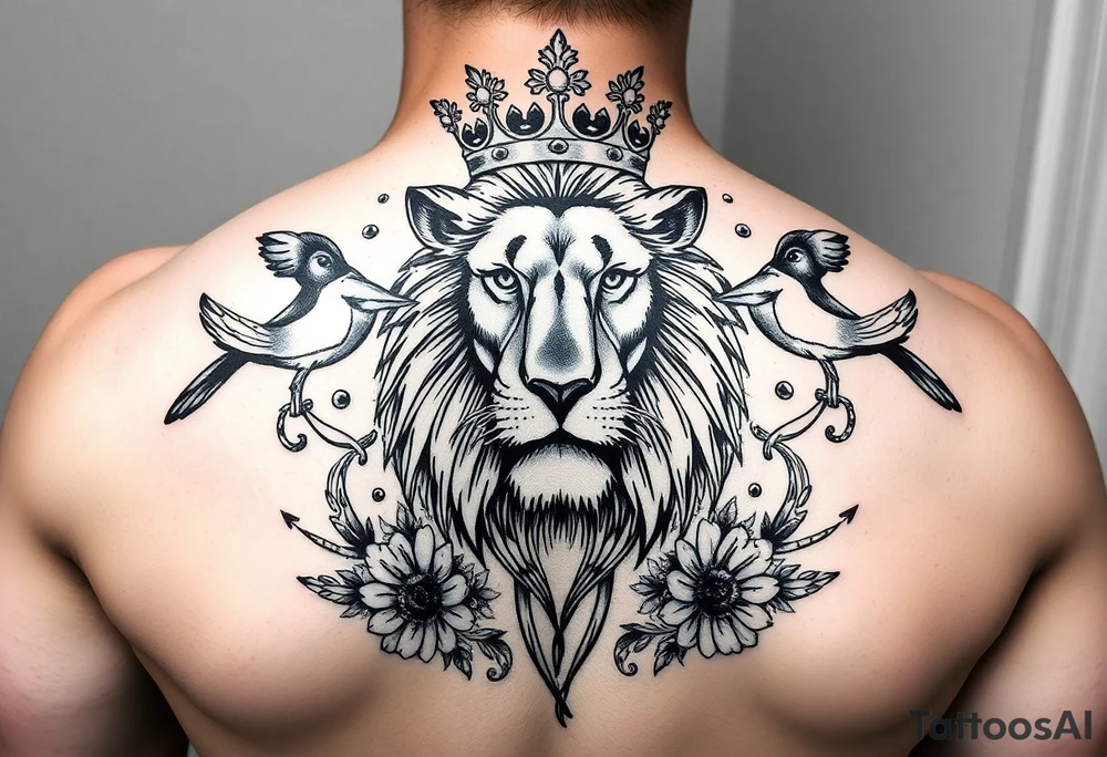 powerful majestic lion with a crown, surrounded by floral ornaments and birds tattoo idea