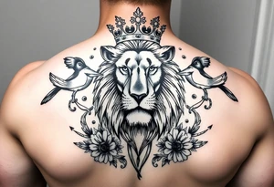 powerful majestic lion with a crown, surrounded by floral ornaments and birds tattoo idea