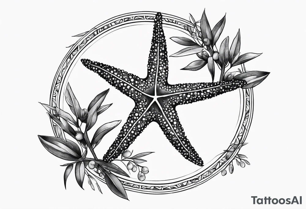 Two Starfish wrapped by olive branch in a circle tattoo idea