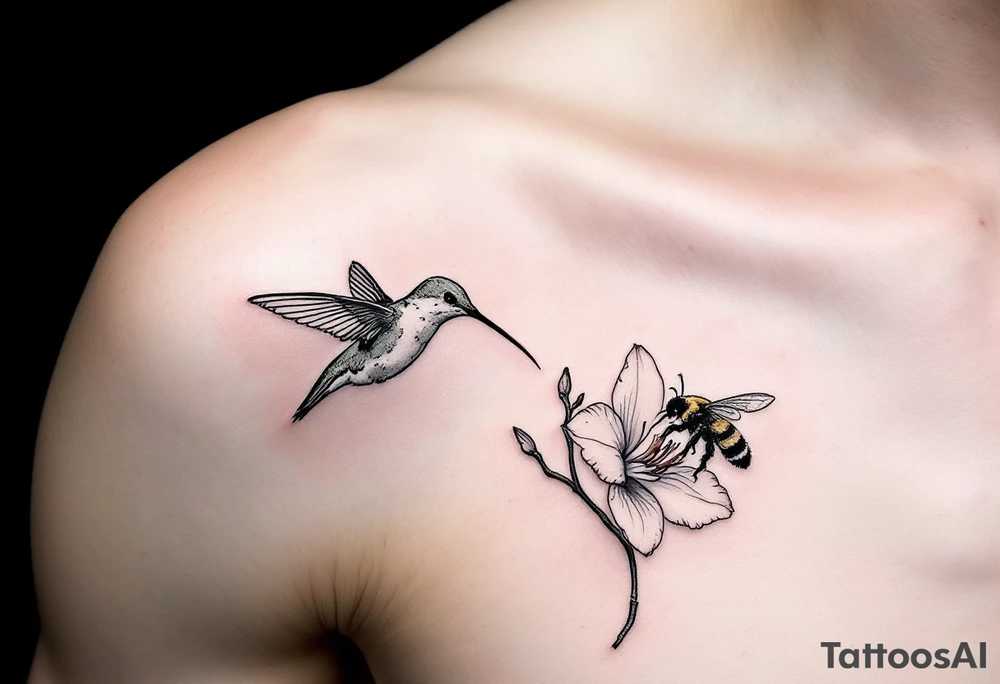 A delicate, black and white fine-line tattoo for male, featuring gracefully detailed 2 orchids in full bloom including their stems, with soft, intricate petals and elegant curves. Beside it, a hummingbird hovers mid-flight, its wings drawn with subtle motion lines, its slender beak reaching toward the orchid’s center to drink its nectar. on the other flower there is a bee that is resting tattoo idea