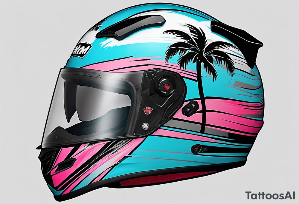Formula 1 helment with the Miami name a palm tree and light blue black and pink colors 3/4 view tattoo idea