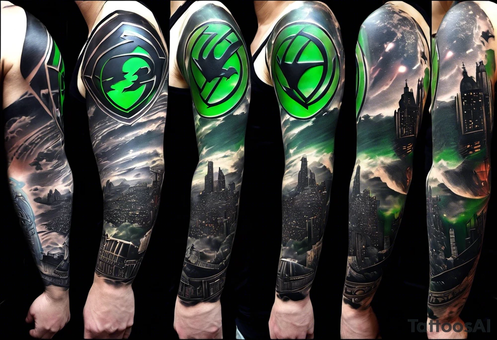 Full arm sleeve tattoo extending from shoulder to wrist featuring the Superman shield, Batman emblem, Green Lantern Corp emblem, Star Wars Rebel Alliance emblem, the Death Star. I'd like the area filled around to resemble landscape and architecture from Lord of the Rings tattoo idea