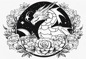 Make an image that MIXES elements from star wars, game of thrones, the lord of the rings, demon slayer, pokemon, harry potter, WITH FLOWERS, DRAGONS tattoo idea