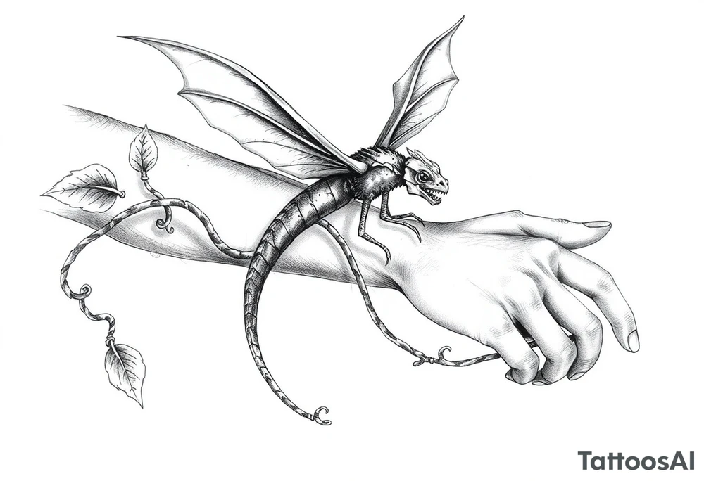 dragon fly on long thick vine, filling the whole arm with the vine ending between fingers tattoo idea