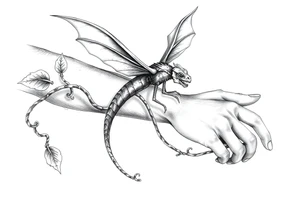 dragon fly on long thick vine, filling the whole arm with the vine ending between fingers tattoo idea