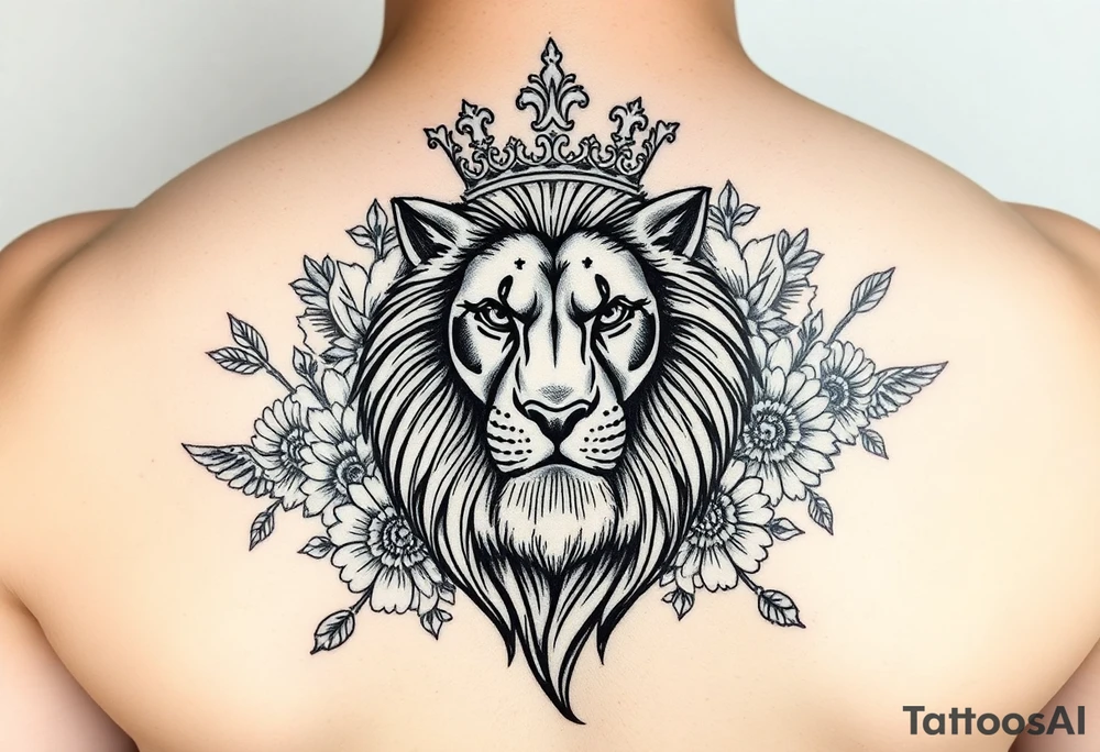 powerful majestic lion with a crown, surrounded by floral ornaments and birds tattoo idea