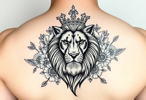 powerful majestic lion with a crown, surrounded by floral ornaments and birds tattoo idea