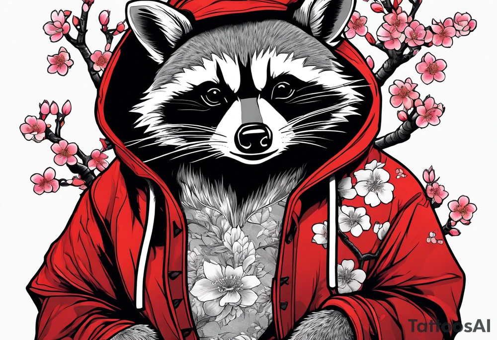 Raccoon wearing a Superman hoodie and Japanese cherry blossoms tattoo idea