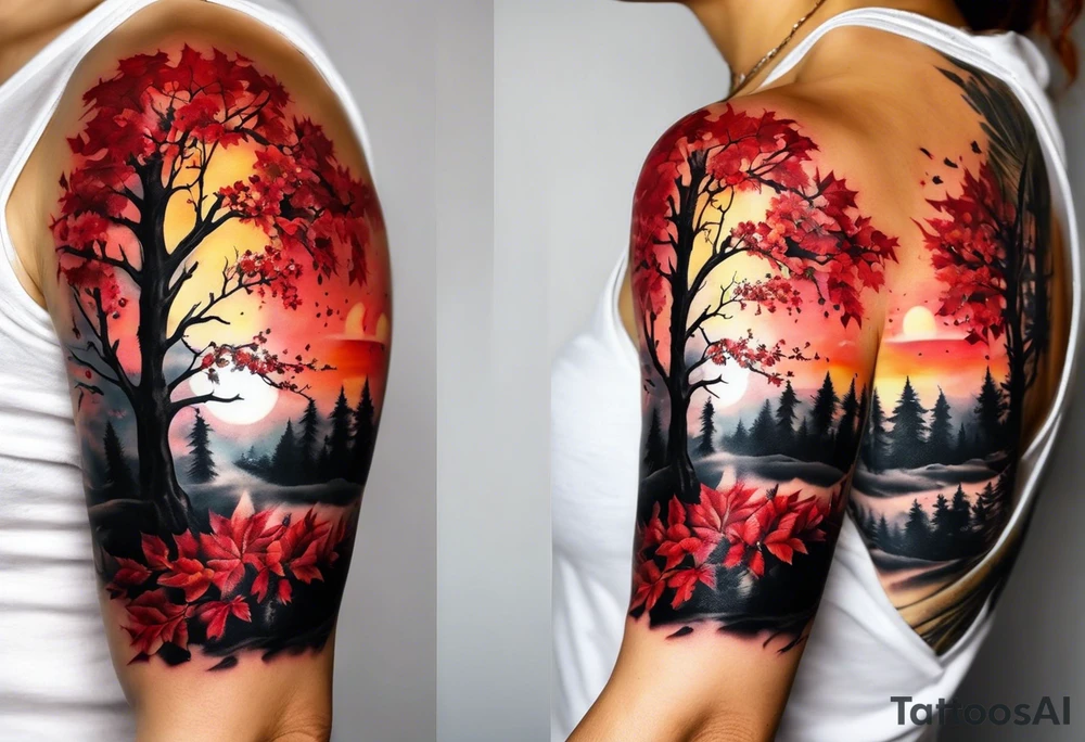 trash polka style. Arm tattoo. chest tattoo. Long tattoo. large tattoo. Full sleeve. Shoulder. A single large maple tree with red autumn leaves that branches upwards from wrist to shoulder. White-throated dipper bird on the trees branches. Calluna flowers at the base of the trees stem. Red/yellow sunset behind the trees stem. Leaves falling. tattoo idea