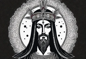 flat stern byzantine Christ with all-demanding eyes with a halo made of peacock feathers tattoo idea