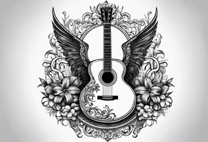 Detailed Christian Cross with acoustic guitar blended in tattoo idea