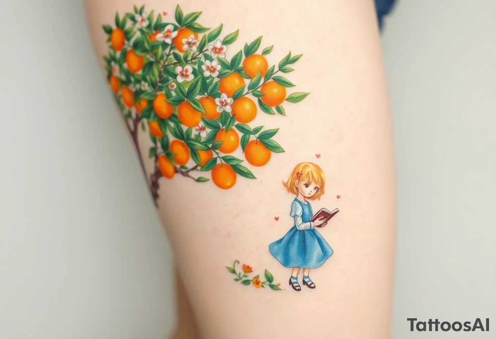 An orange tree with only a few oranges and full of flowers. Under the tree, a little blond girl wearing a blue dress while reading. 


. tattoo idea