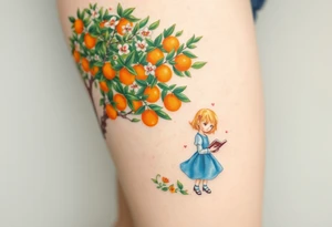 An orange tree with only a few oranges and full of flowers. Under the tree, a little blond girl wearing a blue dress while reading. 


. tattoo idea