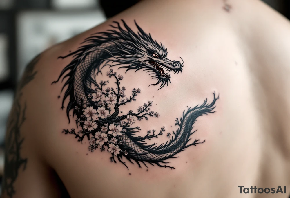 forearm sleeve tattoo, a dragon with a sakura tree tattoo idea