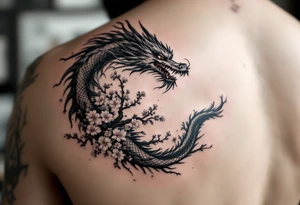forearm sleeve tattoo, a dragon with a sakura tree tattoo idea