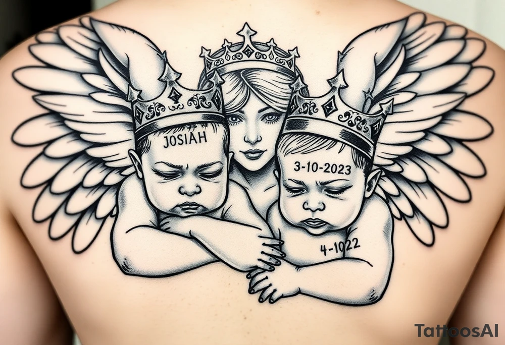 powerful beautiful realistic Women Angel with 2 baby boys one slightly older then the other  both boys wearki g king crowns with the names JOSIAH  and under name JOSIAH  romen numerals 7-06-2021 & the other younger baby in his crown saying ADIAN and under his name 3-10-2023 in romen numerals with women angel hugging both of the 2 baby  boys with both tattoo idea