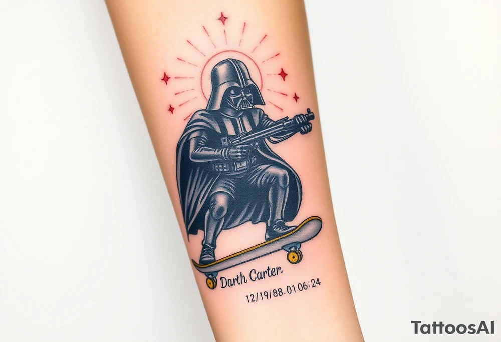 Darth Vader skateboarding with gun> bullets > memorial > god > colors > futuristic/space/star wars
add name "Darth Carter" on skateboard
add date 12/29/88-01/06/24 tattoo idea