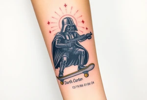 Darth Vader skateboarding with gun> bullets > memorial > god > colors > futuristic/space/star wars
add name "Darth Carter" on skateboard
add date 12/29/88-01/06/24 tattoo idea