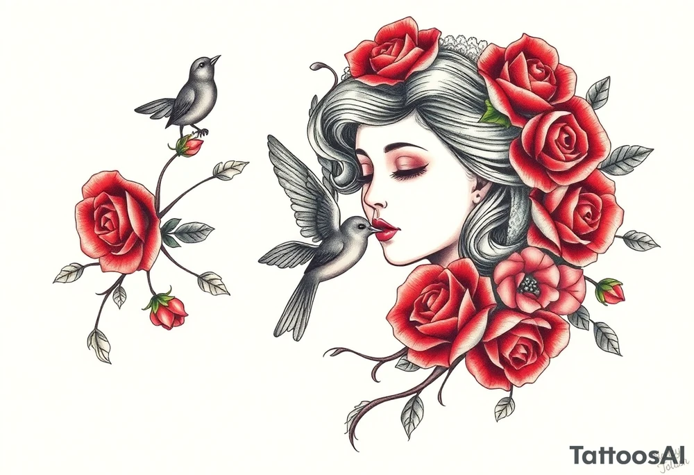 Vintage dollies, red roses, lace, red bird, vintage, wrap around, no women tattoo idea