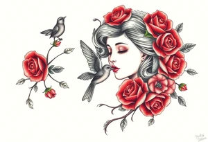 Vintage dollies, red roses, lace, red bird, vintage, wrap around, no women tattoo idea