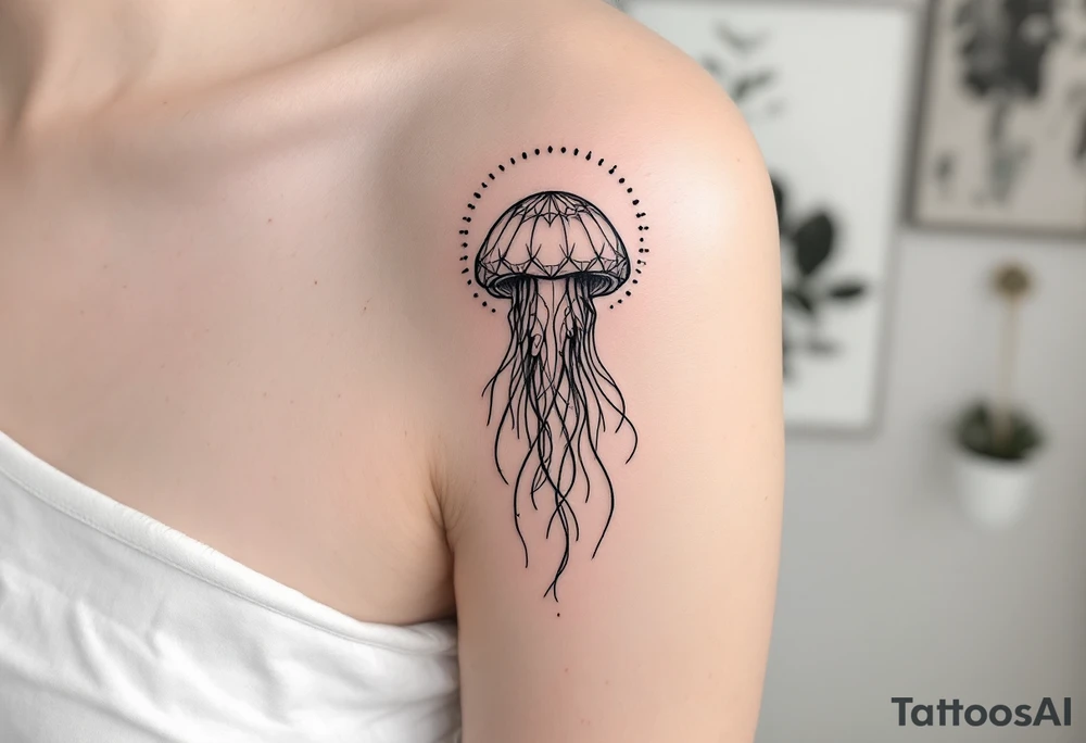 small, minimal fine-line tattoo, single jellyfish, sacred geometry surround, dotwork patterns, jellyfish bell dome, flowing tentacles, trailing streamers, geometric mandala, radiating dotwork, minimalist design, black grey lines, soft shading, no outlines, geometric frame, organic jellyfish form, upper arm shoulder placement, light airy feel, delicate linework, geometric backdrop, clean lines, radiating patterns, simple jellyfish centerpiece, minimalist, psychedelic, asymmetrical tattoo idea