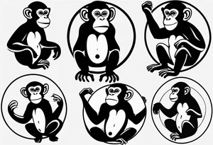 Create an abstract happy monkey body icon shape on a small disconnected circle where the monkey is just a shape no face tattoo idea