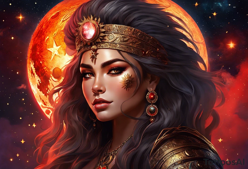 women turning to her side with a small leo zodiac symbol on her forehead, lion scratch scar on her eye and stars, moon and sun floating behind her head. however at the bottom  have her blend away like a smoke effect, you can use Stars or clouds to help fill in space. Also create a somewhat Smokey thin red line wrapping going from the back of the neck to the pinky and overlapping the woman tattoo as well. tattoo idea