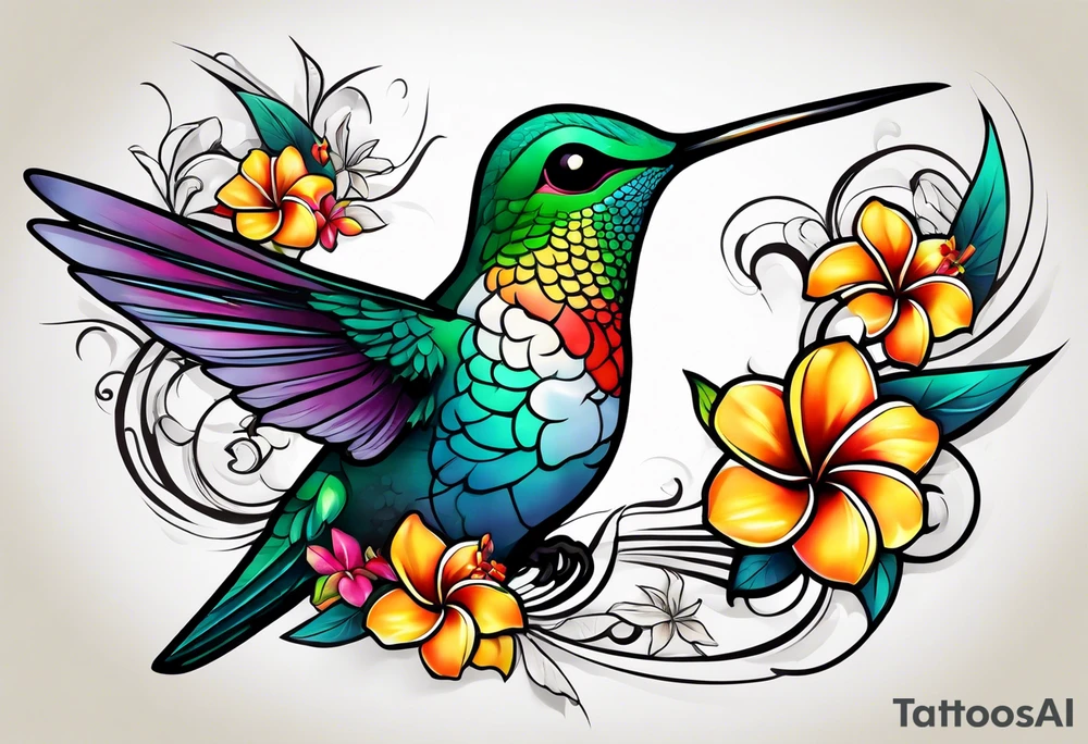 Hummingbird with a plumeria masculine style colorful tattoo idea