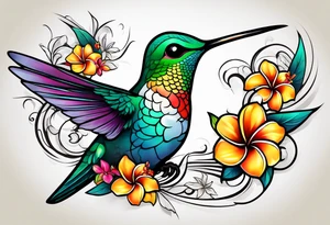 Hummingbird with a plumeria masculine style colorful tattoo idea