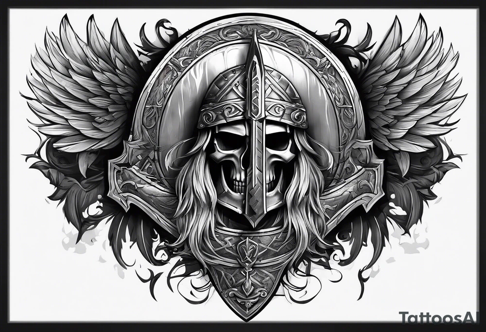 Valhalla sword shield axe mist tattoo idea