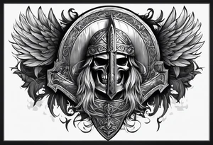 Valhalla sword shield axe mist tattoo idea