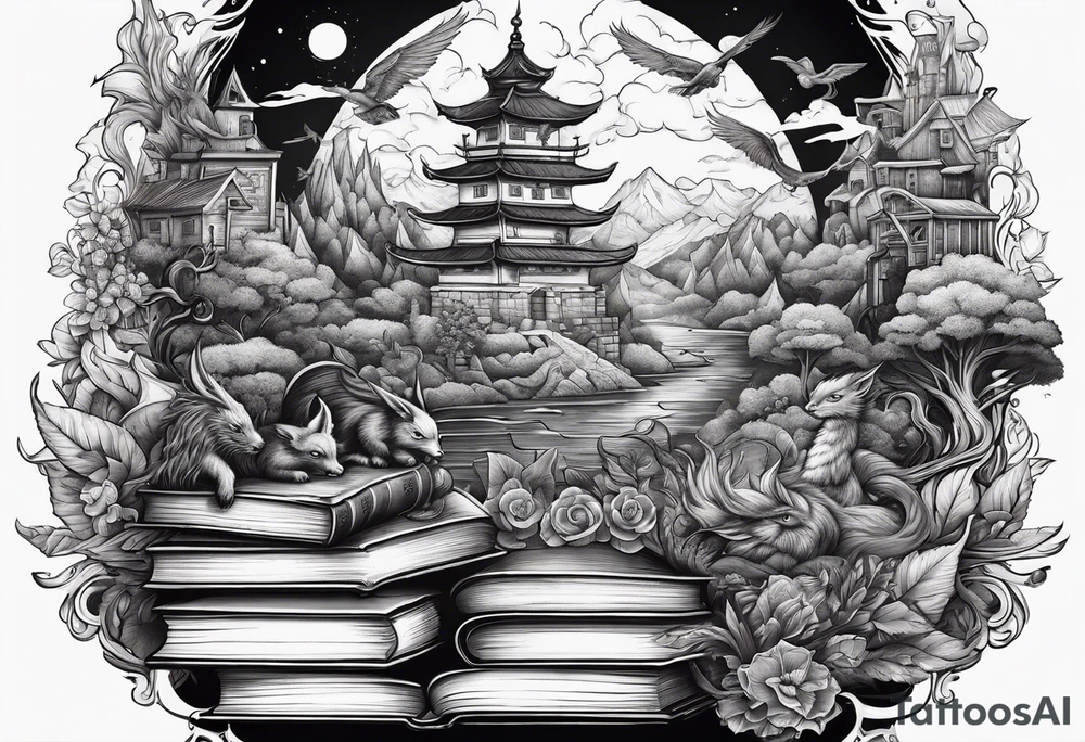A stack of books surrounded with fantasy creatures tattoo idea