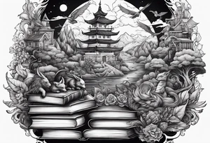 A stack of books surrounded with fantasy creatures tattoo idea