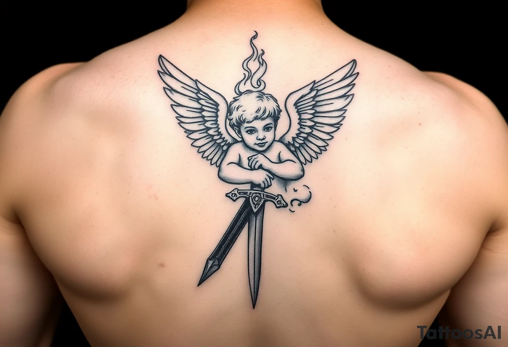 Cherub with flaming sword hand tattoo tattoo idea