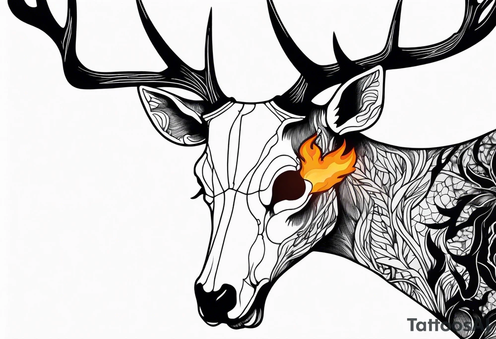 Scary side profile of a DECAYING deer skull JUST BONE surrounded by a flames and trees in background tattoo idea