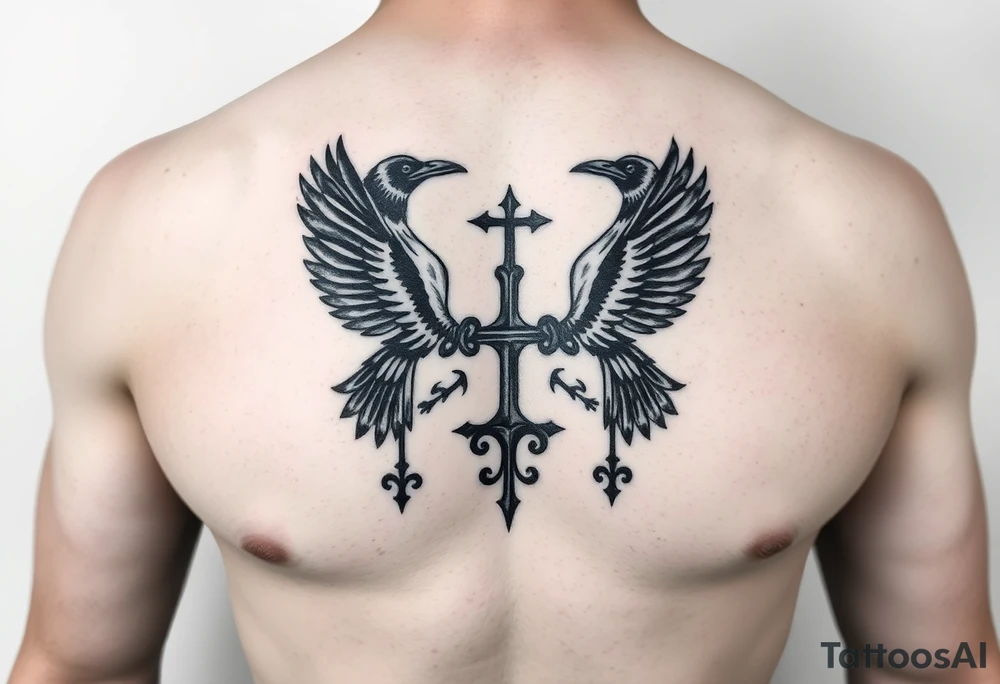 Chest tattoo, two ravens and icelandic symbols, dark brest tattoo tattoo idea